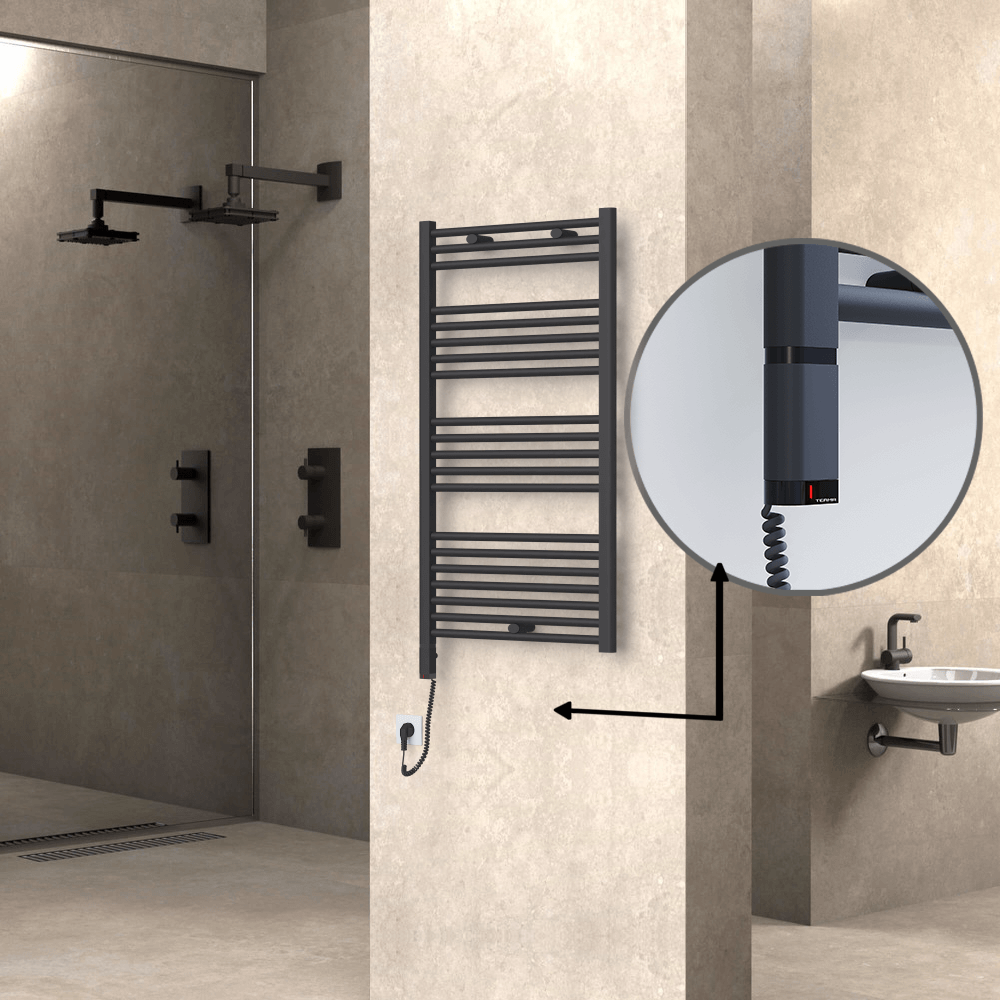 Haiti Electric Towel Warmer 600x1100 Flat Anthracite Textured (OneD On/Off ) Left 600 Watt - 1