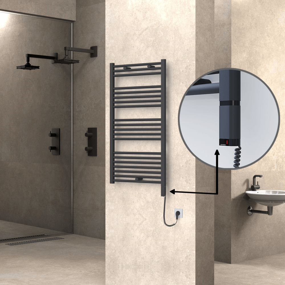 Haiti Electric Towel Warmer 600x1100 Flat Anthracite Textured (OneD On/Off ) Right 600 Watt - 1