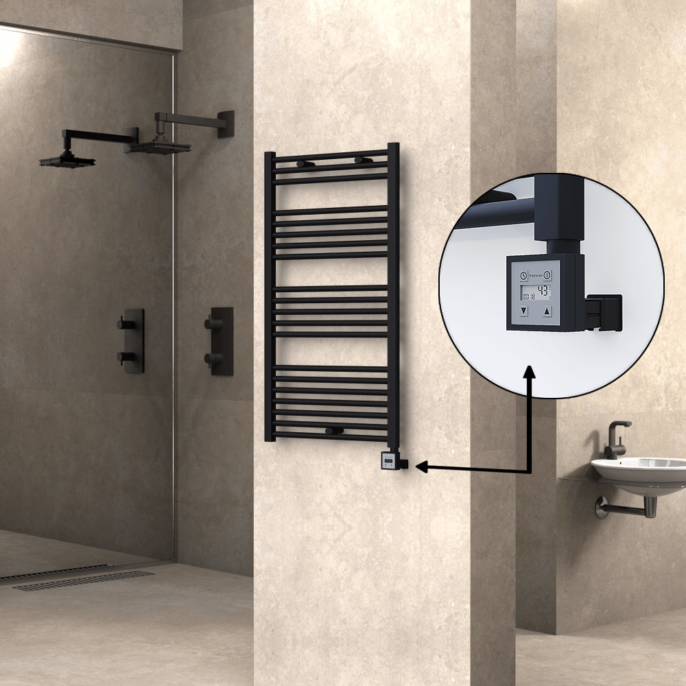 Haiti Electric Towel Warmer 600x1100 Flat Black Matt (KTX3 Thermostat) 600 Watt - 1