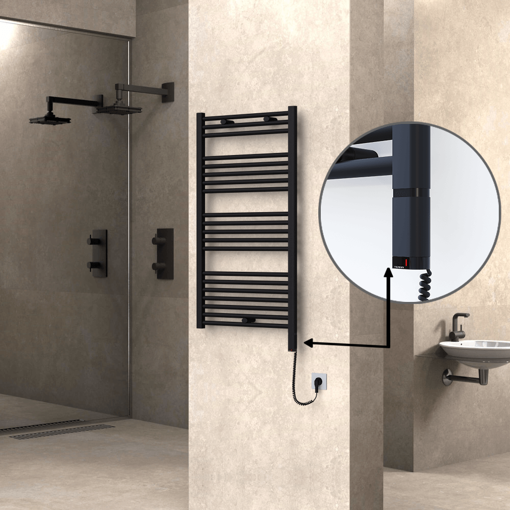 Haiti Electric Towel Warmer 600x1100 Flat Black Matt (OneD On/Off ) Right 600 Watt - 1