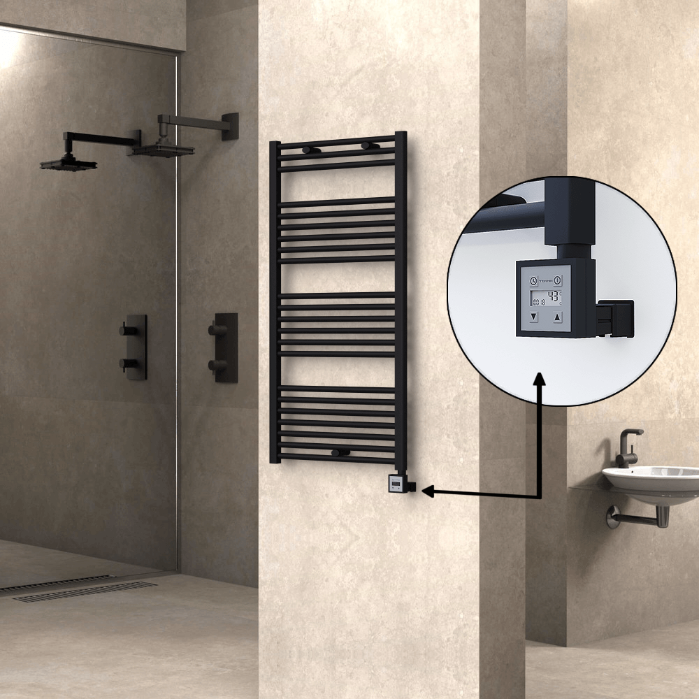 Haiti Electric Towel Warmer 600x1200 Flat Black Matt (KTX3 Thermostat) 600 Watt - 1