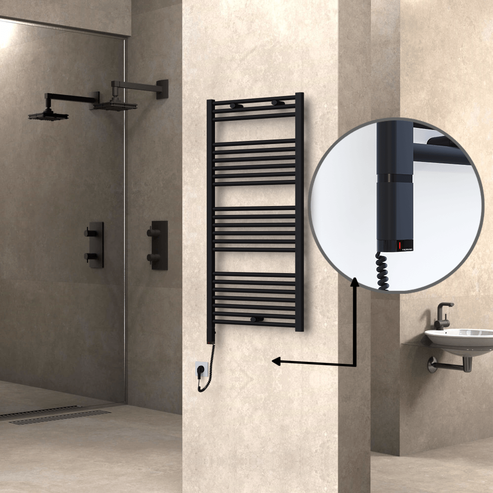 Haiti Electric Towel Warmer 600x1200 Flat Black Matt (OneD On/Off ) Left 600 Watt - 1