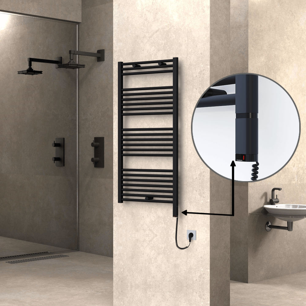 Haiti Electric Towel Warmer 600x1200 Flat Black Matt (OneD On/Off ) Right 600 Watt - 1