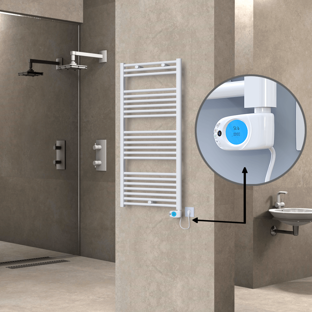 Haiti Electric Towel Warmer 600x1200 Flat White Gloss (Musa Thermostat) 600 Watt - 1