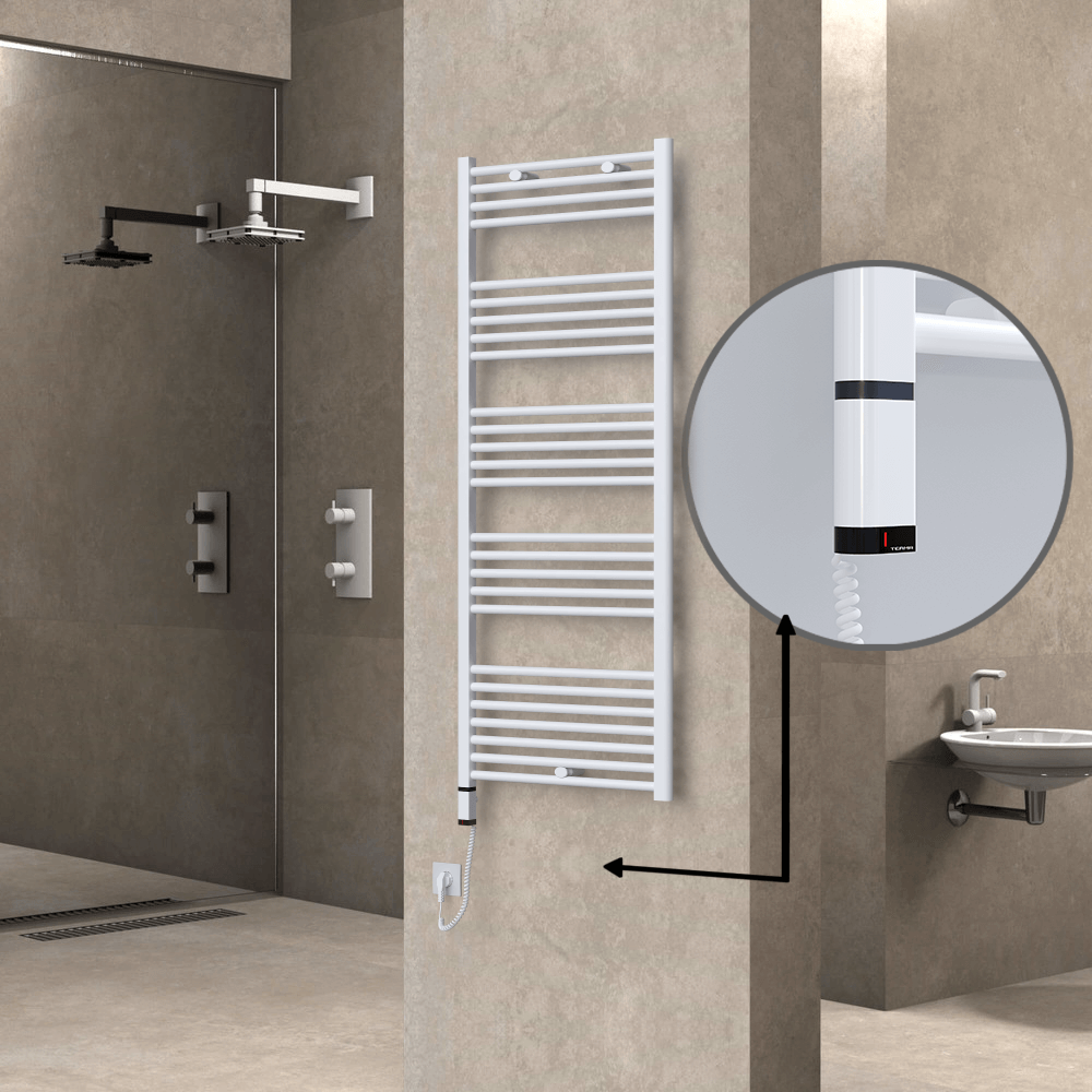 Haiti Electric Towel Warmer 600x1500 Flat White Gloss (OneD On/Off ) Left 600 Watt - 1