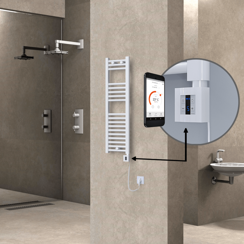 Haiti Electric Towel Warmer 300x1000 Flat White Gloss (KTX4 Thermostat) 300 Watt Spiral Cable