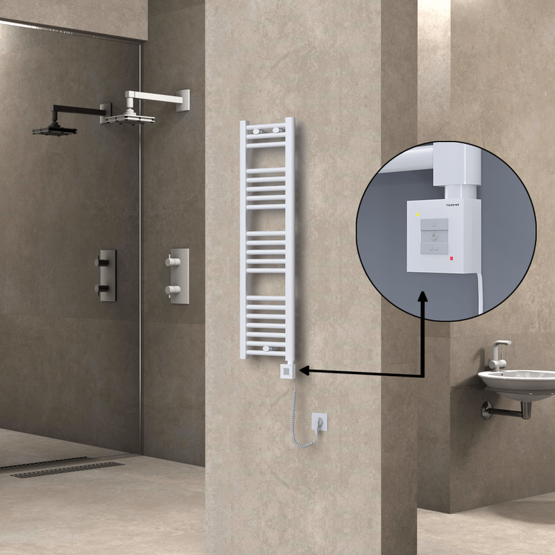 Haiti Electric Towel Warmer 300x1100 Flat White Gloss (KTX1 Thermostat) 300 Watt Spiral Cable