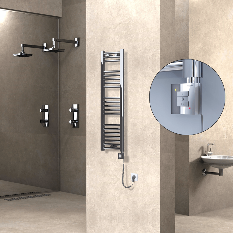 Haiti Electric Towel Warmer 300x1100 Flat Chrome (KTX1 Thermostat) 200 Watt Spiral Cable