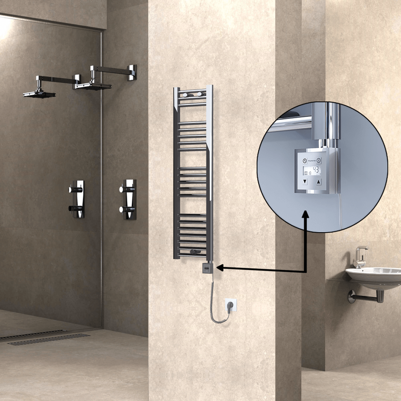 Haiti Electric Towel Warmer 300x1100 Flat Chrome (KTX3 Thermostat) 200 Watt Spiral Cable