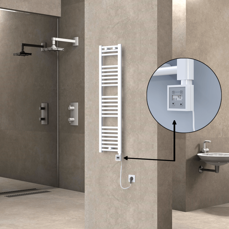 Haiti Electric Towel Warmer 300x1200 Flat White Gloss (KTX3 Thermostat) 300 Watt Spiral Cable