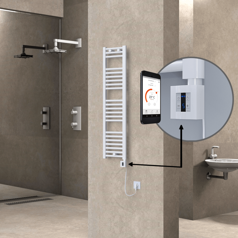 Haiti Electric Towel Warmer 300x1200 Flat White Gloss (KTX4 Thermostat) 300 Watt Spiral Cable