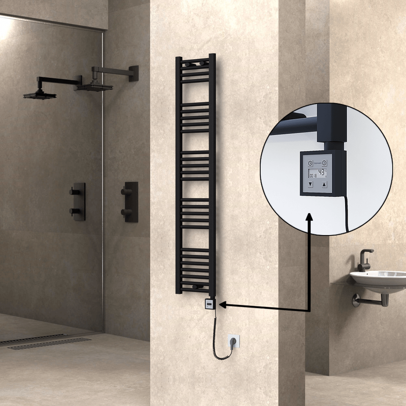 Haiti Electric Towel Warmer 300x1500 Flat Black Matt (KTX3 Thermostat) 600 Watt Spiral Cable