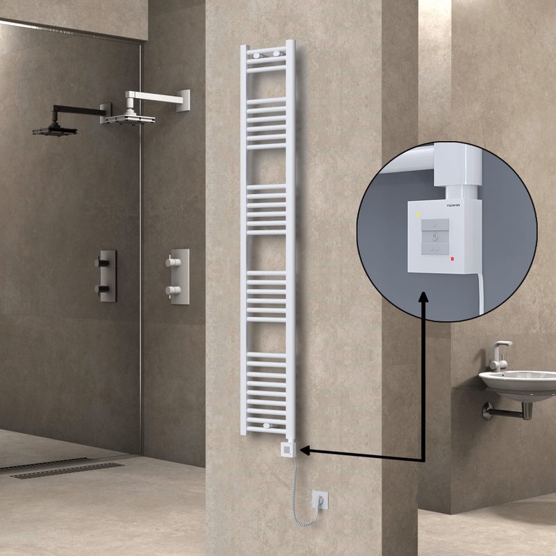 Haiti Electric Towel Warmer 300x1800 Flat White Gloss (KTX1 Thermostat) 600 Watt Spiral Cable