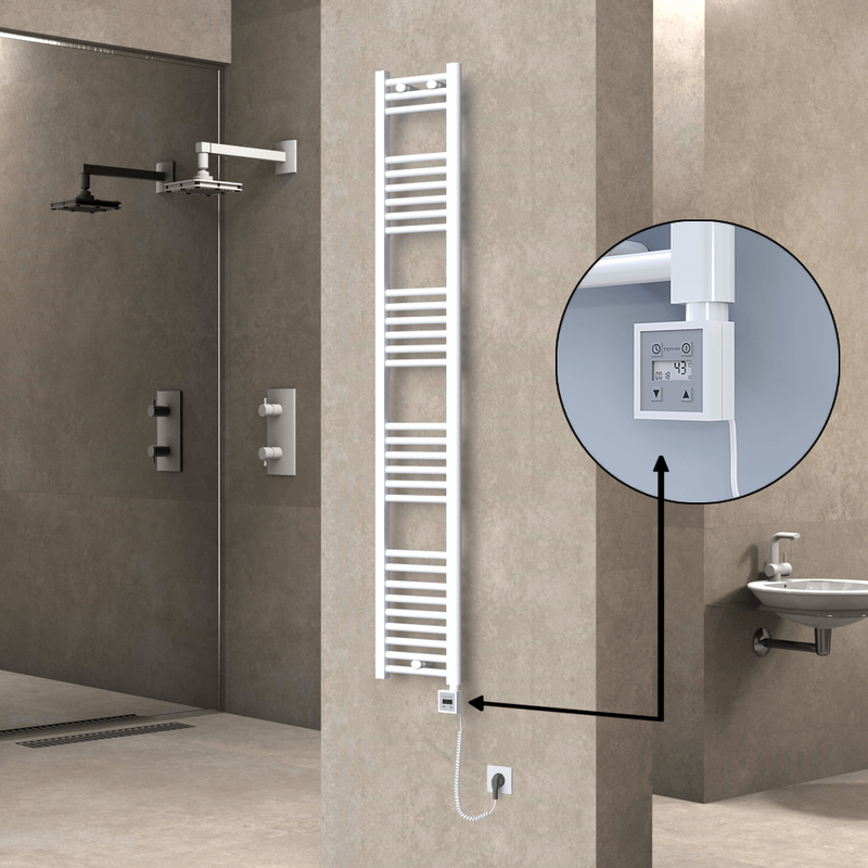 Haiti Electric Towel Warmer 300x1800 Flat White Gloss (KTX3 Thermostat) 600 Watt Spiral Cable