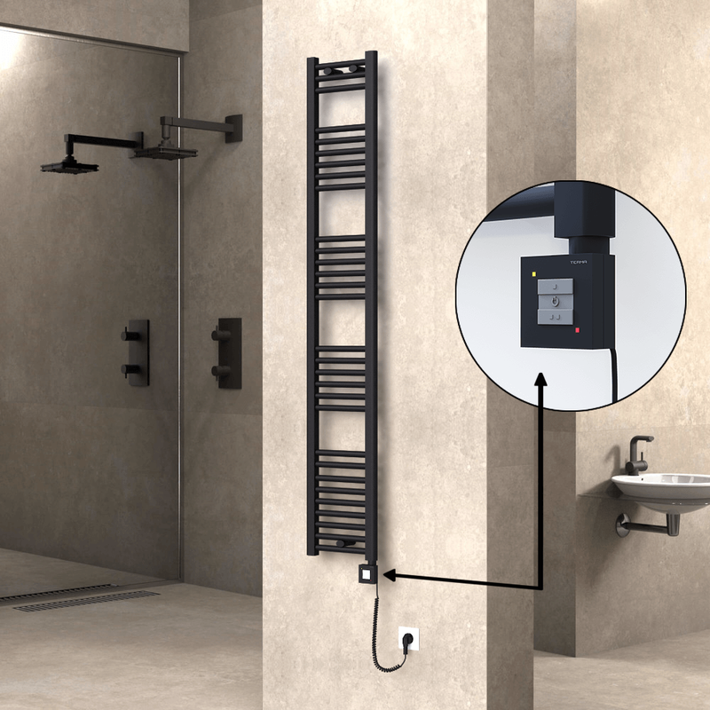 Haiti Electric Towel Warmer 300x1800 Flat Black Matt (KTX1 Thermostat) 600 Watt Spiral Cable
