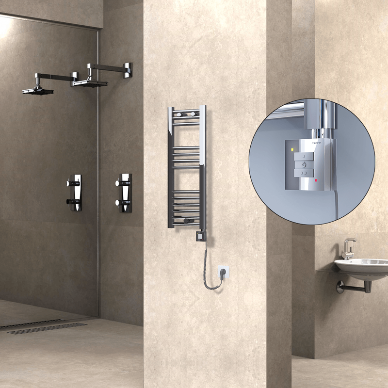 Haiti Electric Towel Warmer 300x800 Flat Chrome  (KTX1 Thermostat) 200 Watt Spiral Cable