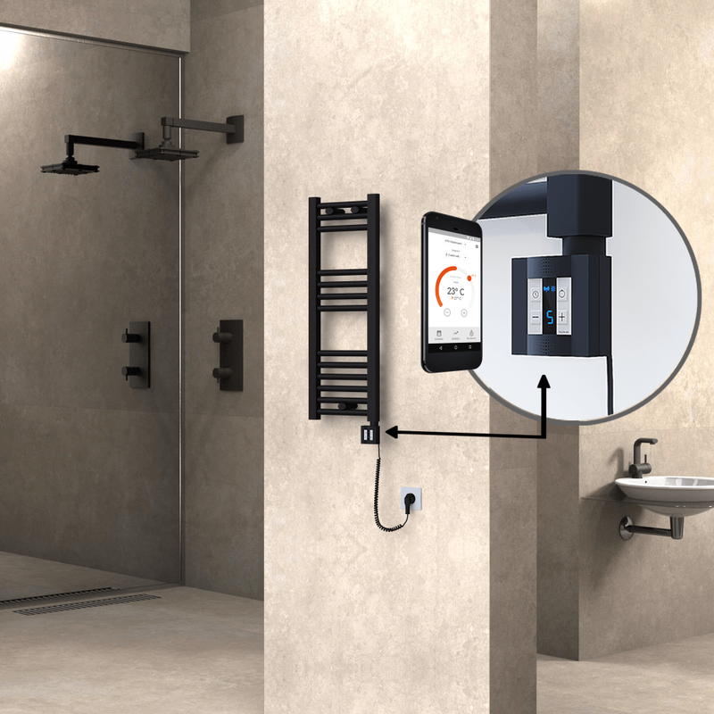 Haiti Electric Towel Warmer 300x800 Flat Black Matt (KTX4 Thermostat) 200 Watt Spiral Cable