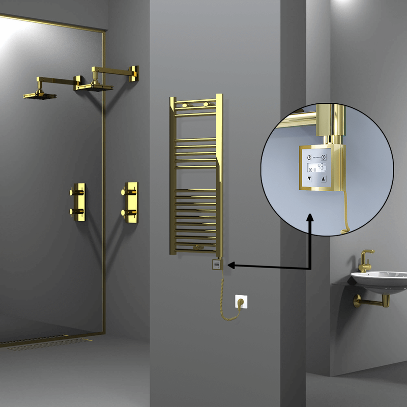 Haiti Electric Towel Warmer 400x1000 Flat Gold  (KTX3 Thermostat) 200 Watt Spiral Cable