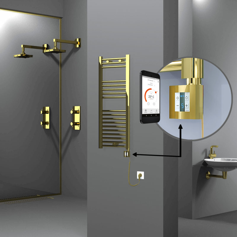 Haiti Electric Towel Warmer 400x1000 Flat Gold  (KTX4 Thermostat) 200 Watt Spiral Cable