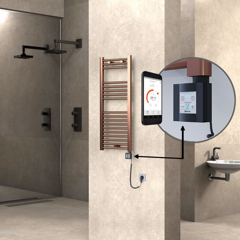 Haiti Electric Towel Warmer 400x1000 Flat Antique Copper Gloss (KTX4 Thermostat) 200 Watt Spiral Cable