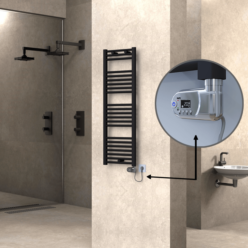 Haiti Electric Towel Warmer 400x1200 Flat Black Matt (Thesis Thermostat) 600 Watt