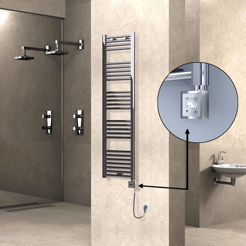Haiti Electric Towel Warmer 400x1500 Flat Chrome  (KTX3 Thermostat) 300 Watt Spiral Cable