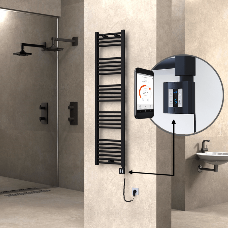 Haiti Electric Towel Warmer 400x1500 Flat Black Matt (KTX4 Thermostat) 600 Watt Spiral Cable