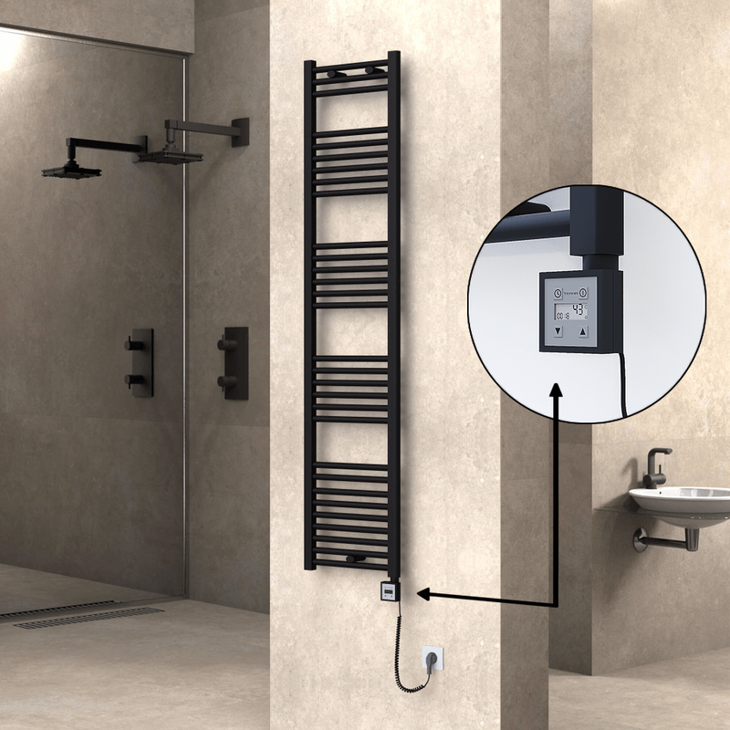 Haiti Electric Towel Warmer 400x1800 Flat Black Matt (KTX3 Thermostat) 600 Watt Spiral Cable