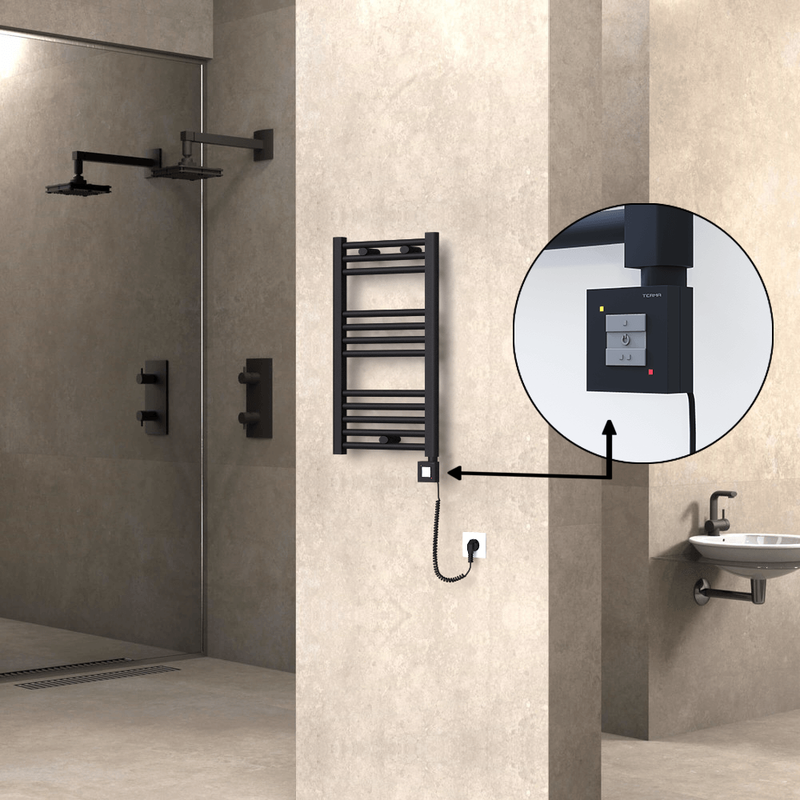 Haiti Electric Towel Warmer 400x700 Flat Black Matt (KTX1 Thermostat) 300 Watt Spiral Cable