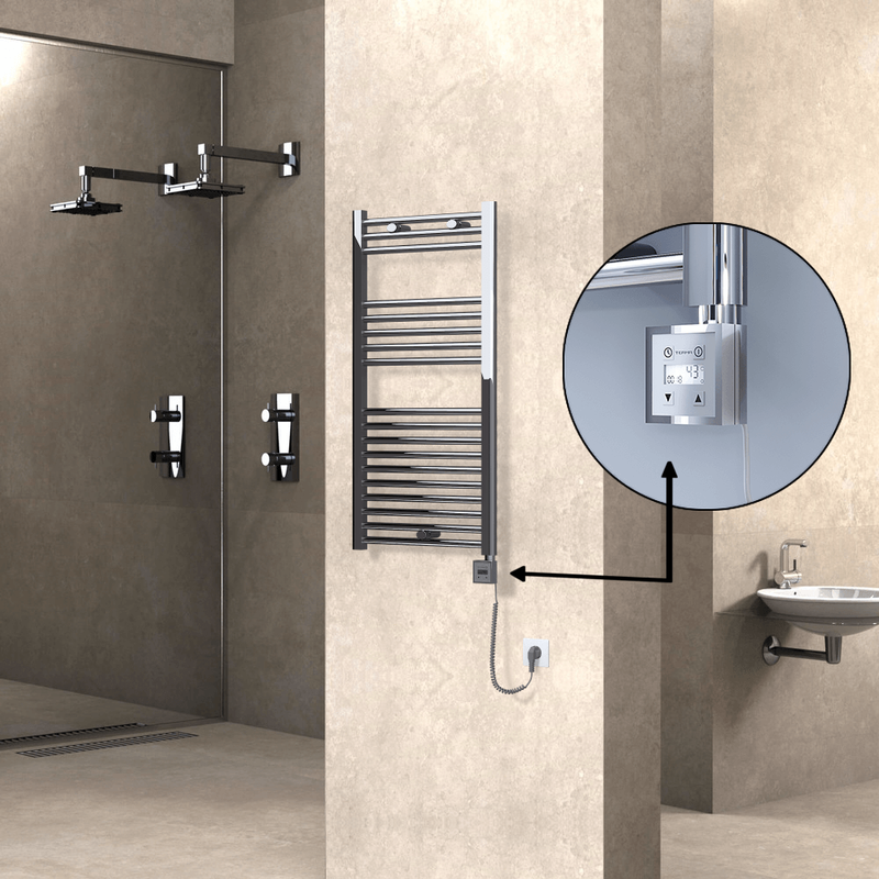 Haiti Electric Towel Warmer 500x1000 Flat Chrome (KTX3 Thermostat) 300 Watt Spiral Cable