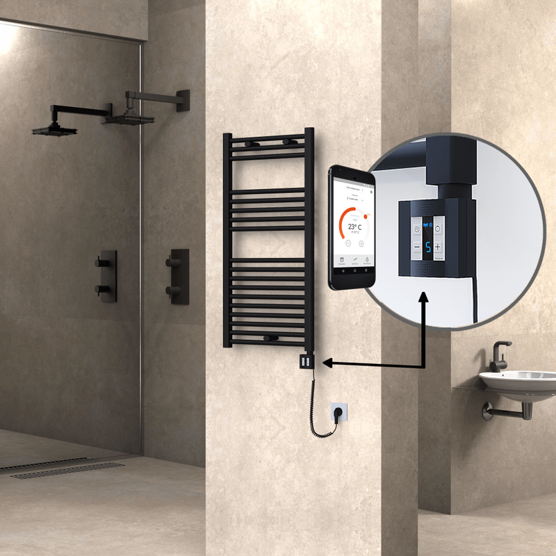 Haiti Electric Towel Warmer 500x1000 Flat Black Matt (KTX4 Thermostat) 600 Watt Spiral Cable