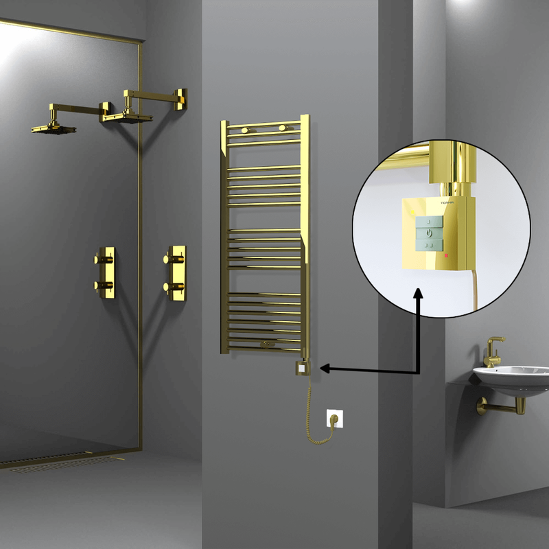 Haiti Electric Towel Warmer 500x1100 Flat Gold  (KTX1 Thermostat) 300 Watt Spiral Cable