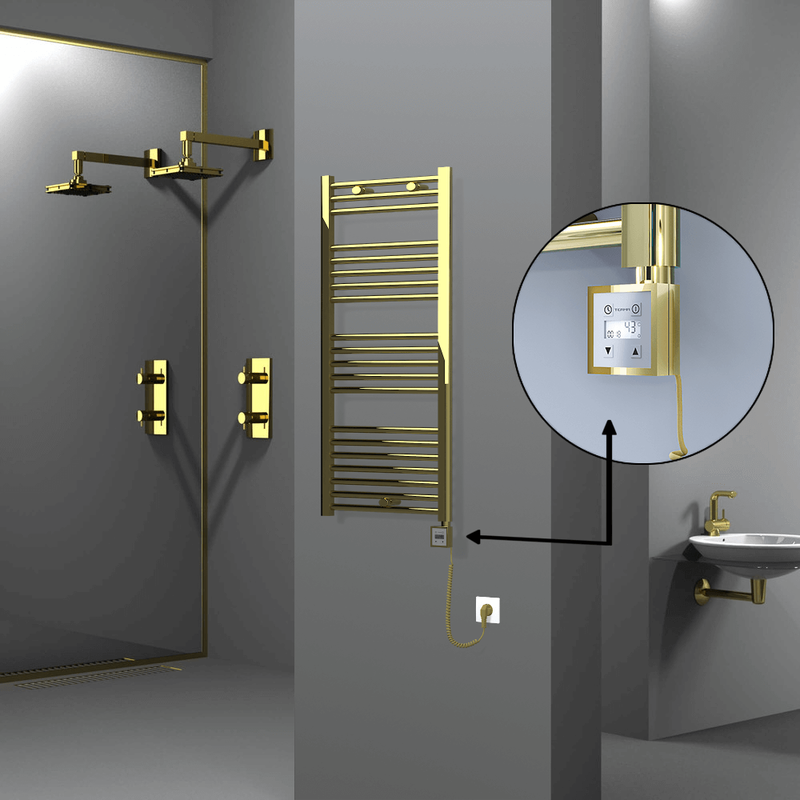 Haiti Electric Towel Warmer 500x1100 Flat Gold  (KTX3 Thermostat) 300 Watt Spiral Cable