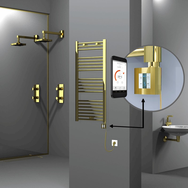 Haiti Electric Towel Warmer 500x1100 Flat Gold  (KTX4 Thermostat) 300 Watt Spiral Cable