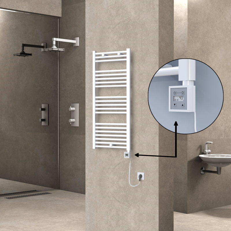 Haiti Electric Towel Warmer 500x1100 Flat White Gloss (KTX3 Thermostat) 600 Watt Spiral Cable