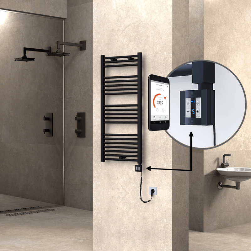 Haiti Electric Towel Warmer 500x1100 Flat Black Matt (KTX4 Thermostat) 600 Watt Spiral Cable