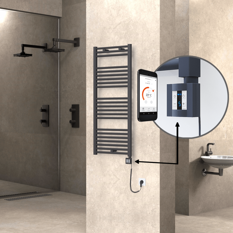 Haiti Electric Towel Warmer 500x1200 Flat Anthracite Textured (KTX4 Thermostat) 600 Watt Spiral Cable