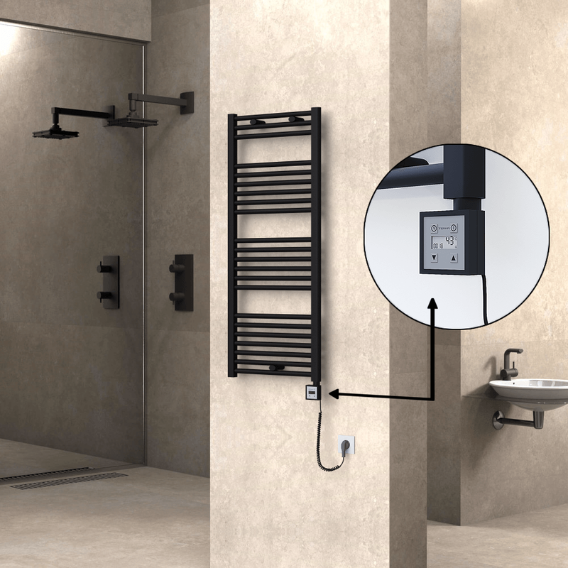 Haiti Electric Towel Warmer 500x1200 Flat Black Matt (KTX3 Thermostat) 600 Watt Spiral Cable