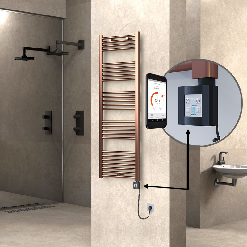 Haiti Electric Towel Warmer 500x1500 Flat Antique Copper Gloss (KTX4 Thermostat) 600 Watt Spiral Cable
