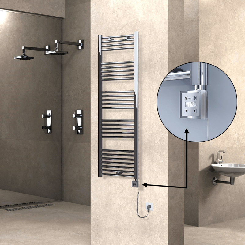 Haiti Electric Towel Warmer 500x1500 Flat Chrome (KTX3 Thermostat) 600 Watt Spiral Cable