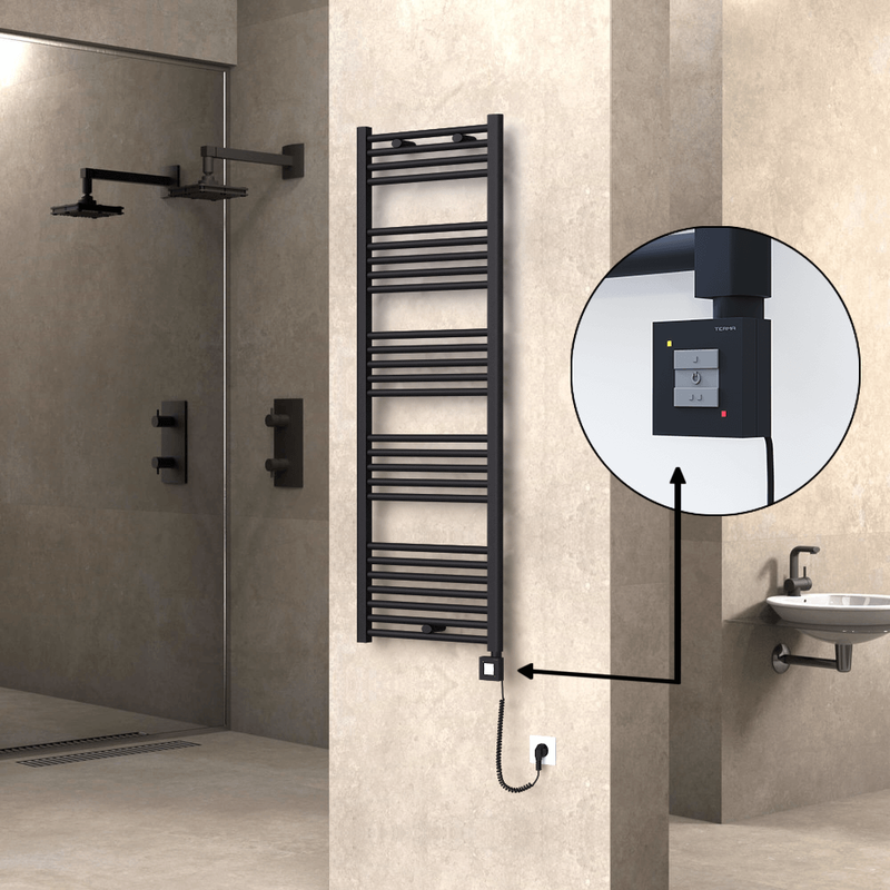 Haiti Electric Towel Warmer 500x1500 Flat Black Matt (KTX1 Thermostat) 600 Watt Spiral Cable