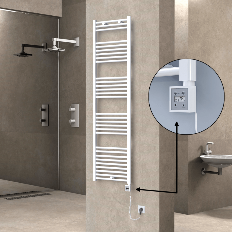 Haiti Electric Towel Warmer 500x1800 Flat White Gloss (KTX3 Thermostat) 1000 Watt Spiral Cable