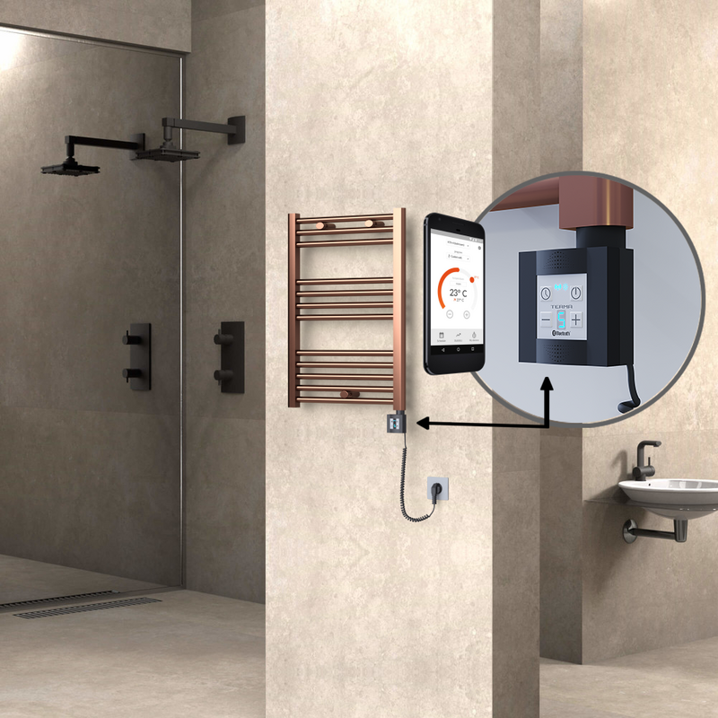 Haiti Electric Towel Warmer 500x700 Flat Antique Copper Gloss (KTX4 Thermostat) 200 Watt Spiral Cable