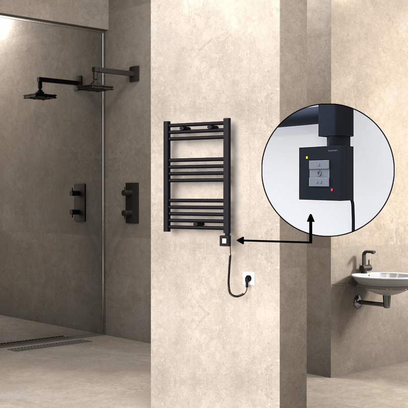 Haiti Electric Towel Warmer 500x700 Flat Black Matt (KTX1 Thermostat) 300 Watt Spiral Cable