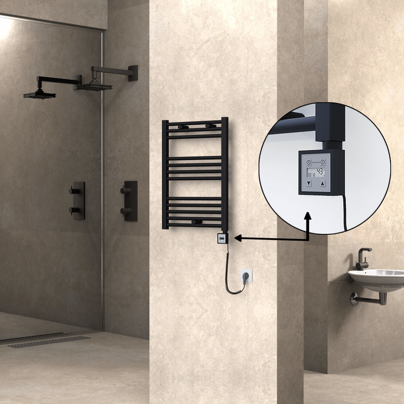 Haiti Electric Towel Warmer 500x700 Flat Black Matt (KTX3 Thermostat) 300 Watt Spiral Cable