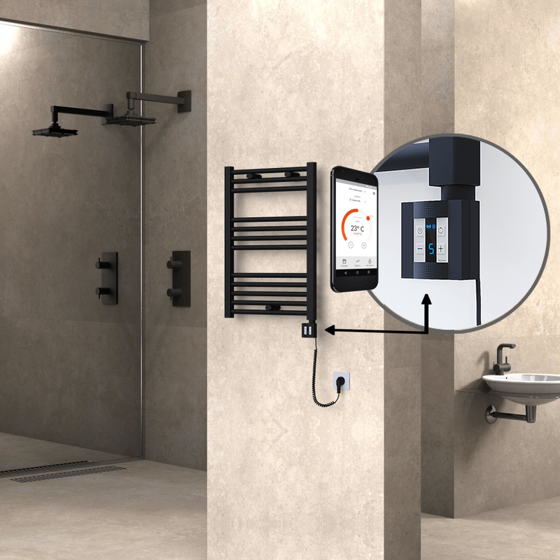Haiti Electric Towel Warmer 500x700 Flat Black Matt (KTX4 Thermostat) 300 Watt Spiral Cable