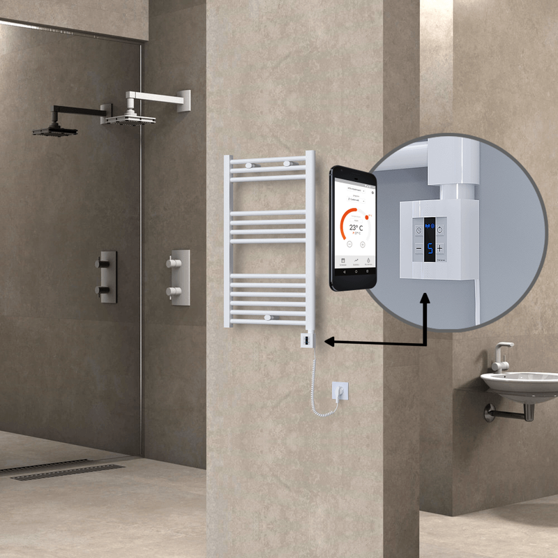 Haiti Electric Towel Warmer 500x800 Flat White Gloss (KTX4 Thermostat) 300 Watt Spiral Cable