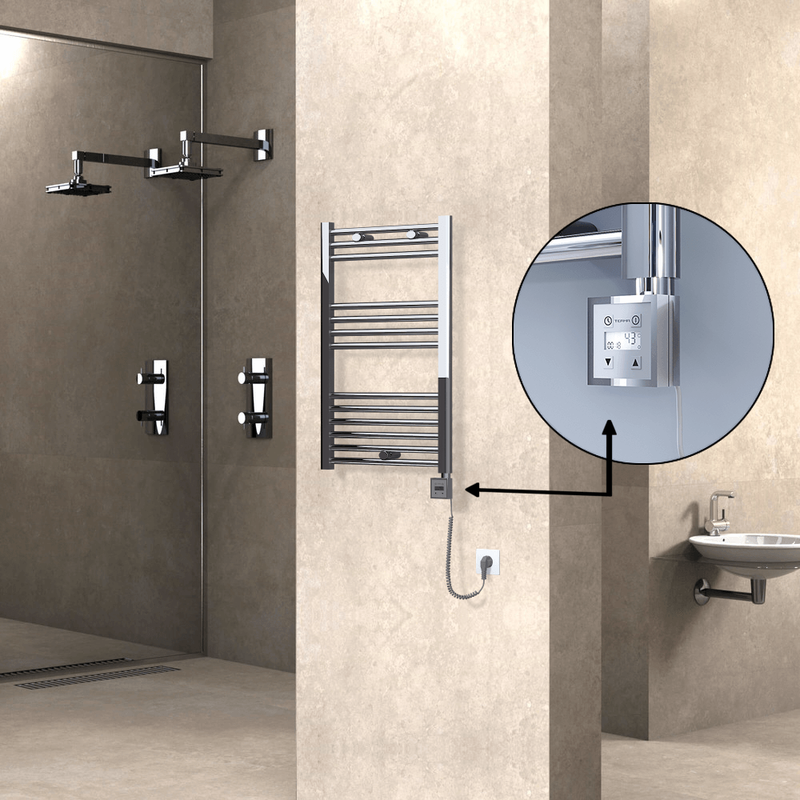 Haiti Electric Towel Warmer 500x800 Flat Chrome (KTX3 Thermostat) 200 Watt Spiral Cable