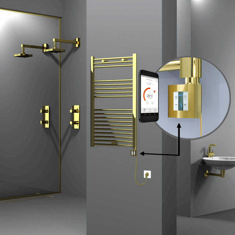 Haiti Electric Towel Warmer 600x1000 Flat Gold (KTX4 Thermostat) 300 Watt Spiral Cable