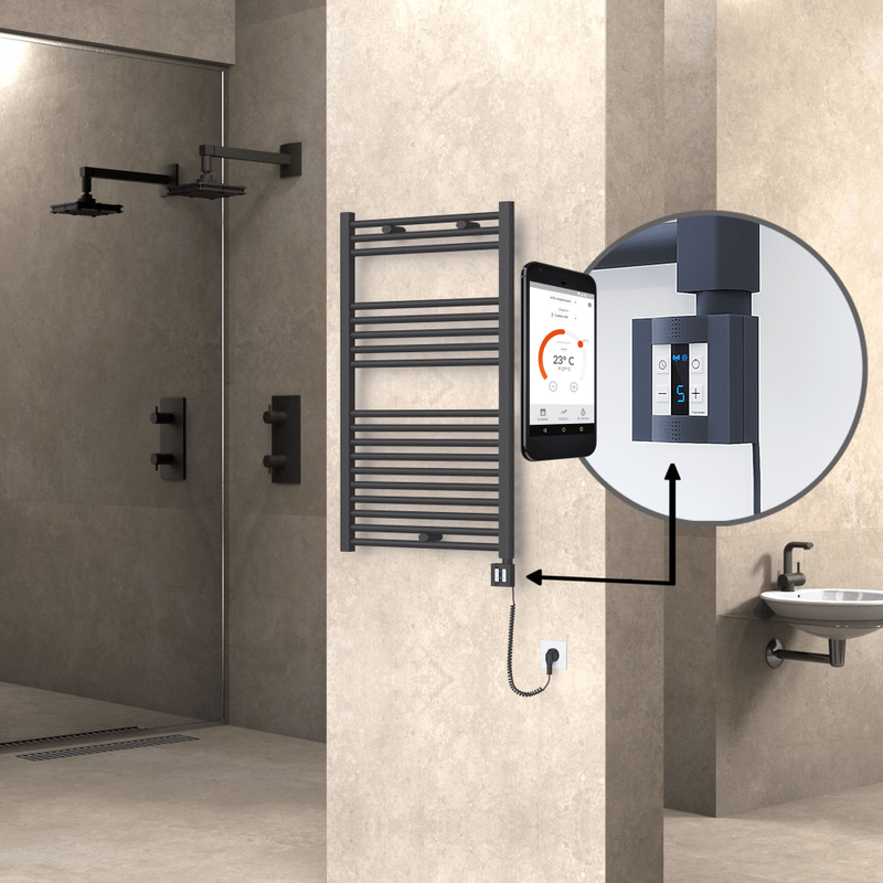 Haiti Electric Towel Warmer 600x1000 Flat Anthracite Textured (KTX4 Thermostat) 600 Watt Spiral Cable